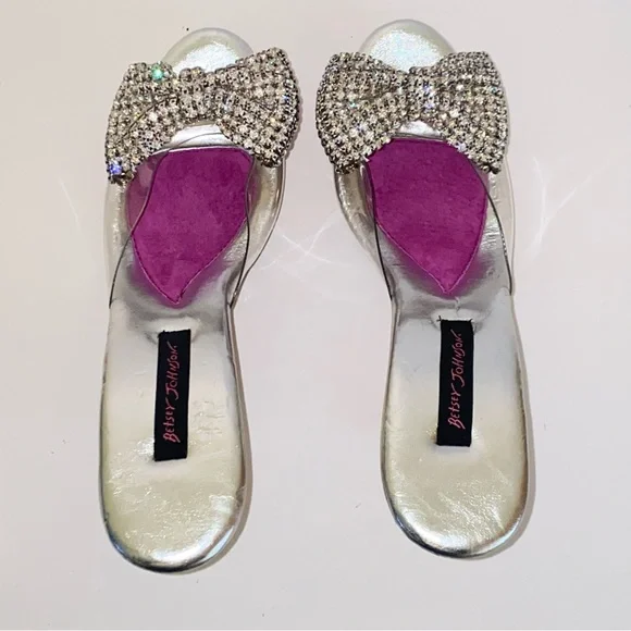 Vintage Betsey Johnson Polly Mules Rhinestone Bow Wood Heel Pin Up - Picture 5 of 14